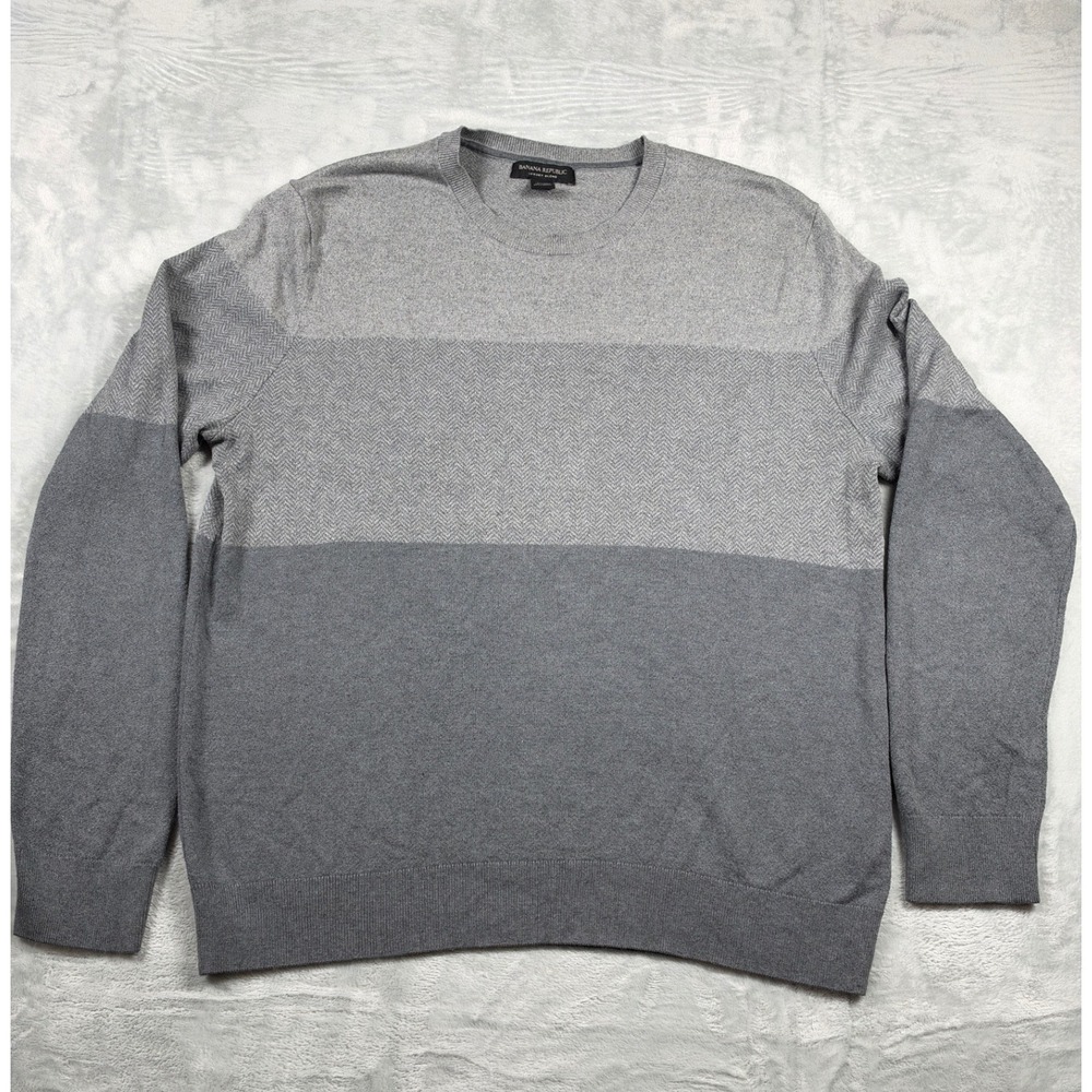 Banana Republic Men L Silk Cotton Cashmere Sweater Gray Herringbone Crewneck